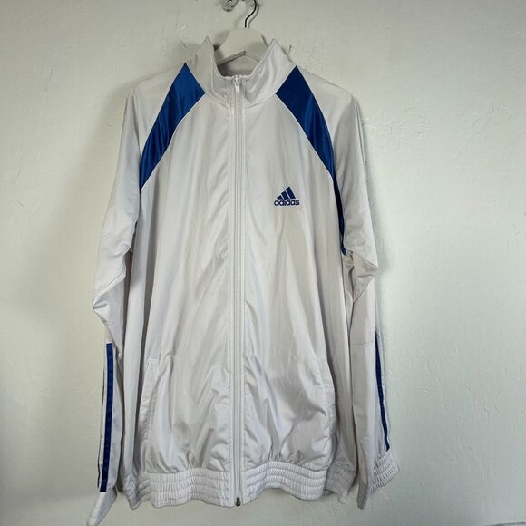 Adidas Mens White & Blue Karate Martial Art Jacket XXL Zip Up Activewear Pockets - Picture 1 of 11